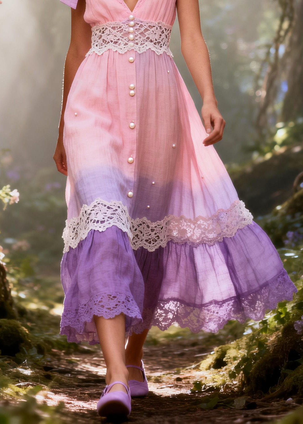 Fine Gradient Color Lace Patchwork Fine Pearl Cotton Mini Dress Summer