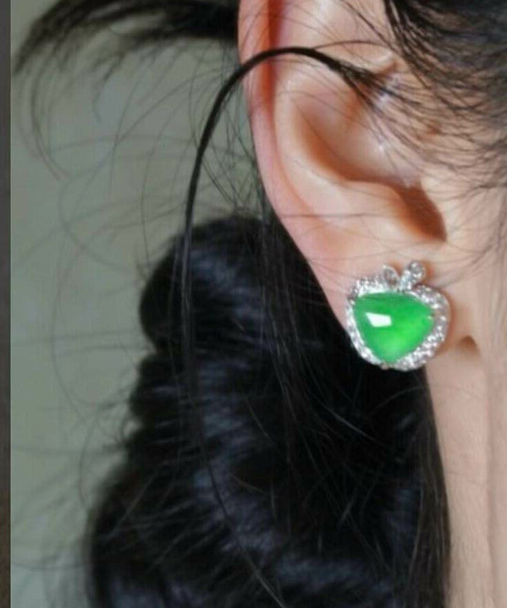 Fine Green Alloy Zircon Jade Apple Stud Earrings