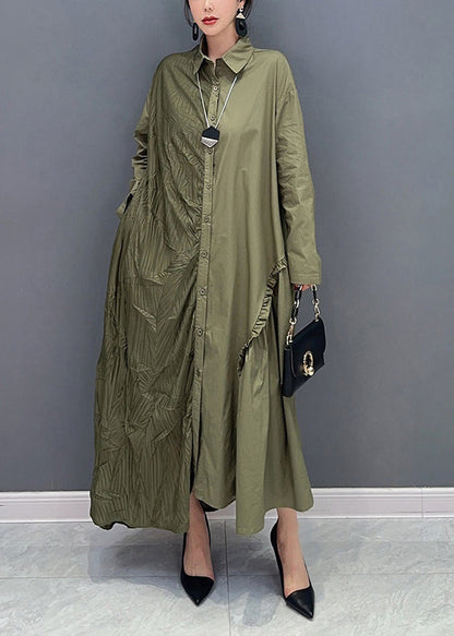 Fine Green Asymmetrical Patchwork Ruffled Wrinkled Maxi Dresses Spring