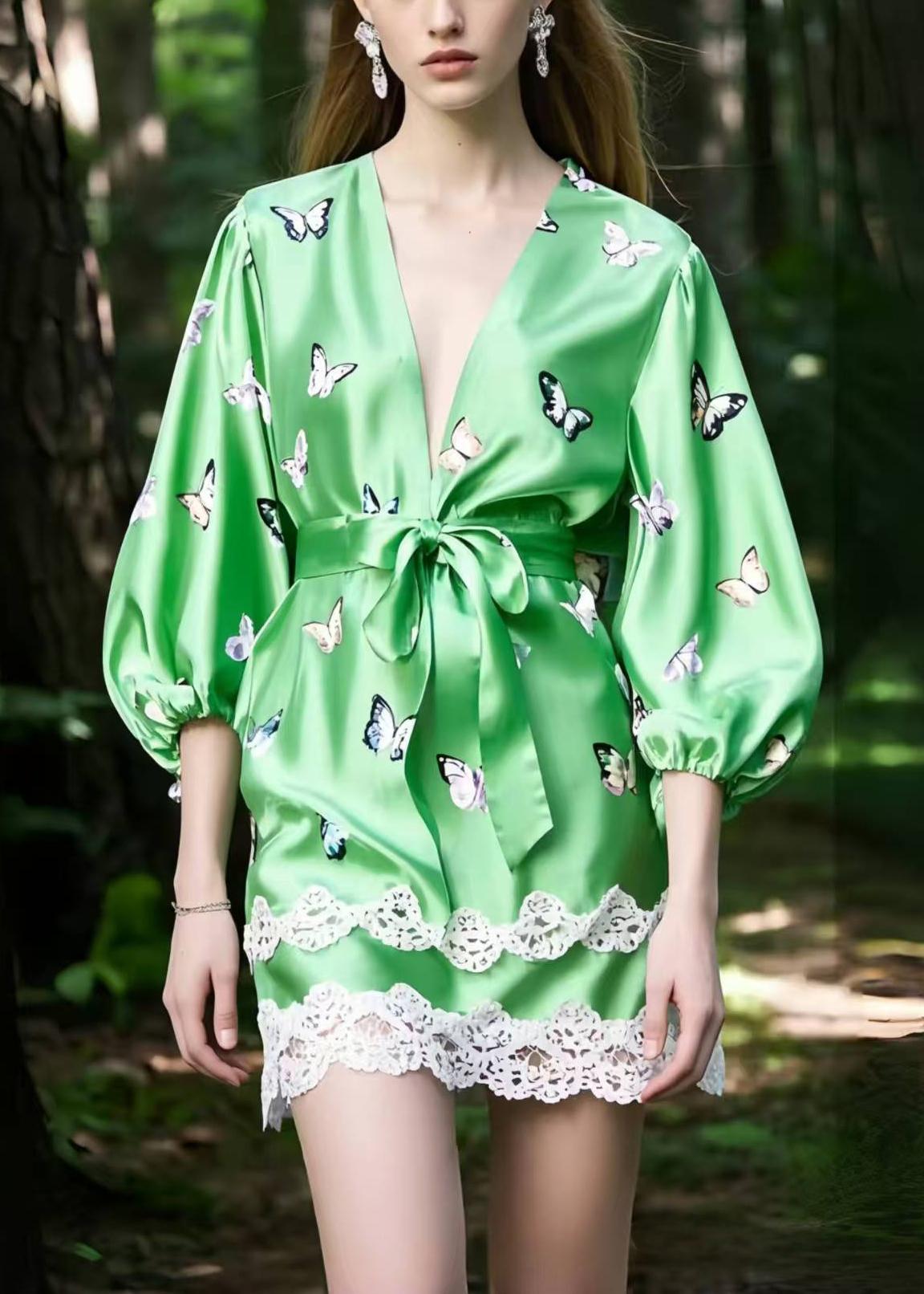 Fine Green Butterfly Patchwork Lace Silk Tea Dresses Bracelet Sleeve