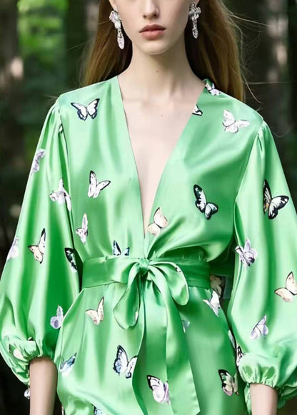 Fine Green Butterfly Patchwork Lace Silk Tea Dresses Bracelet Sleeve