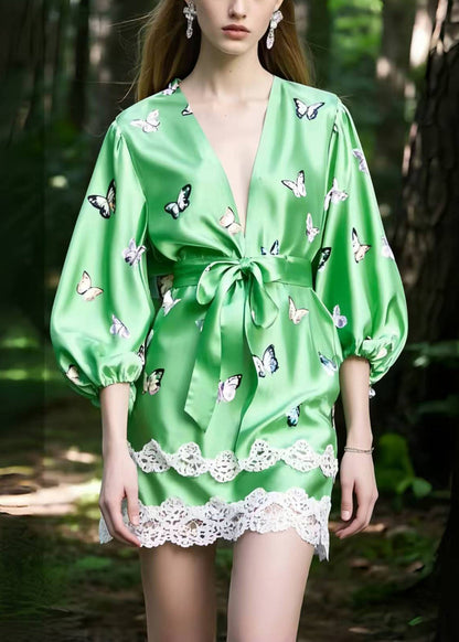 Fine Green Butterfly Patchwork Lace Silk Tea Dresses Bracelet Sleeve