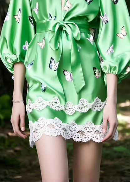 Fine Green Butterfly Patchwork Lace Silk Tea Dresses Bracelet Sleeve