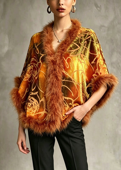 Fine Green Fur Collar Patchwork Silk Velvet Cape Fall