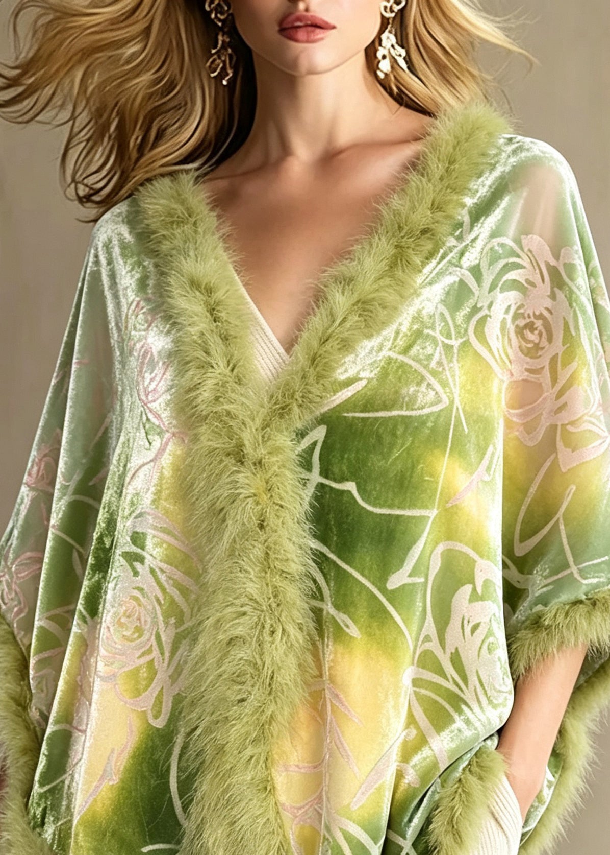 Fine Green Fur Collar Patchwork Silk Velvet Cape Fall
