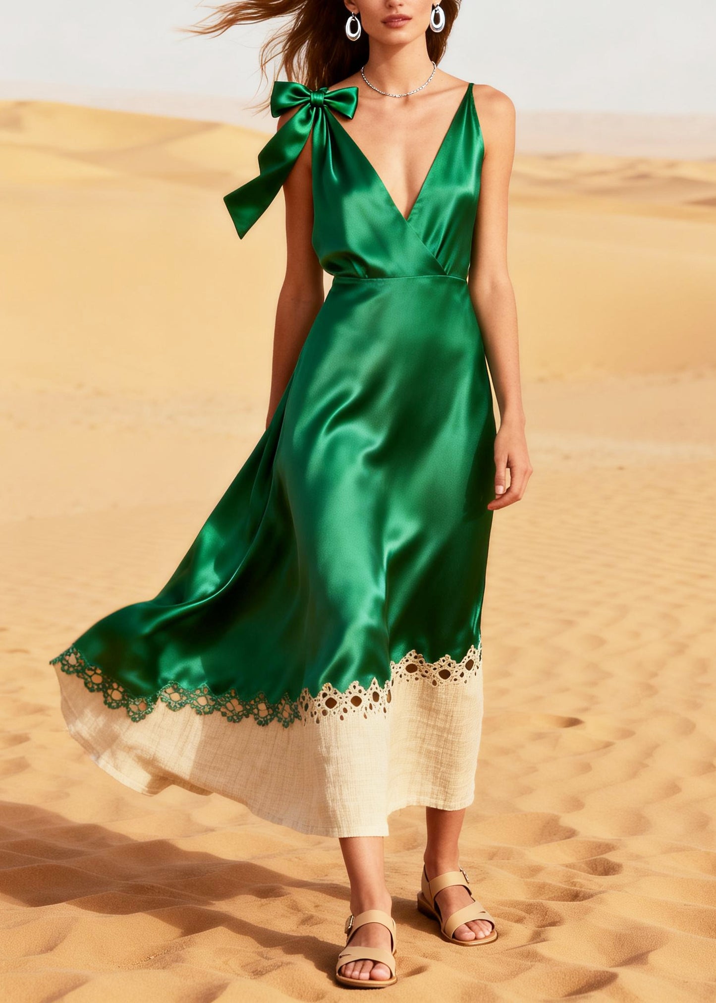 Fine Green Hollow Out Patchwork Silk Party Dress Summer