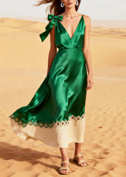 Fine Green Hollow Out Patchwork Silk Party Dress Summer