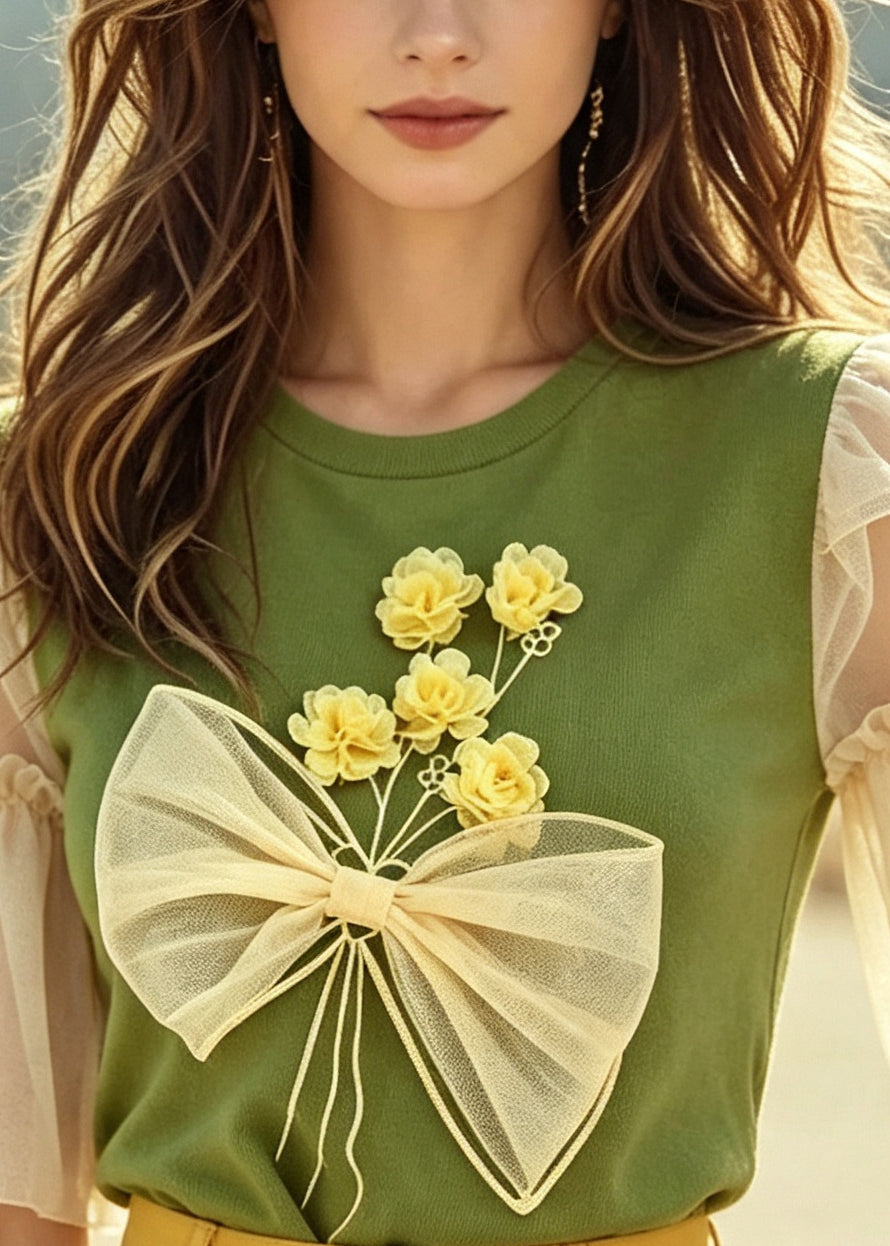 Fine Green O-Neck Daisy Cotton Blouse Top Summer