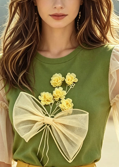 Fine Green O-Neck Daisy Cotton Blouse Top Summer