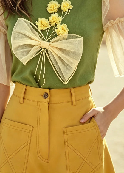 Fine Green O-Neck Daisy Cotton Blouse Top Summer