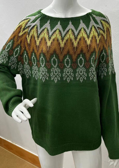 Fine Green O Neck Thick Print Knitted Sweaters Tops Fall