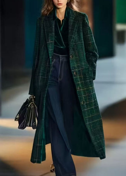 Fine Green Peter Pan Collar Pockets Plaid Woolen Coats Fall