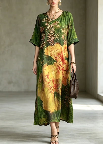 Fine Green Print Silk Maxi Dress Short Sleeve