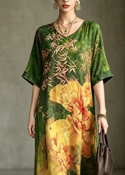 Fine Green Print Silk Maxi Dress Short Sleeve
