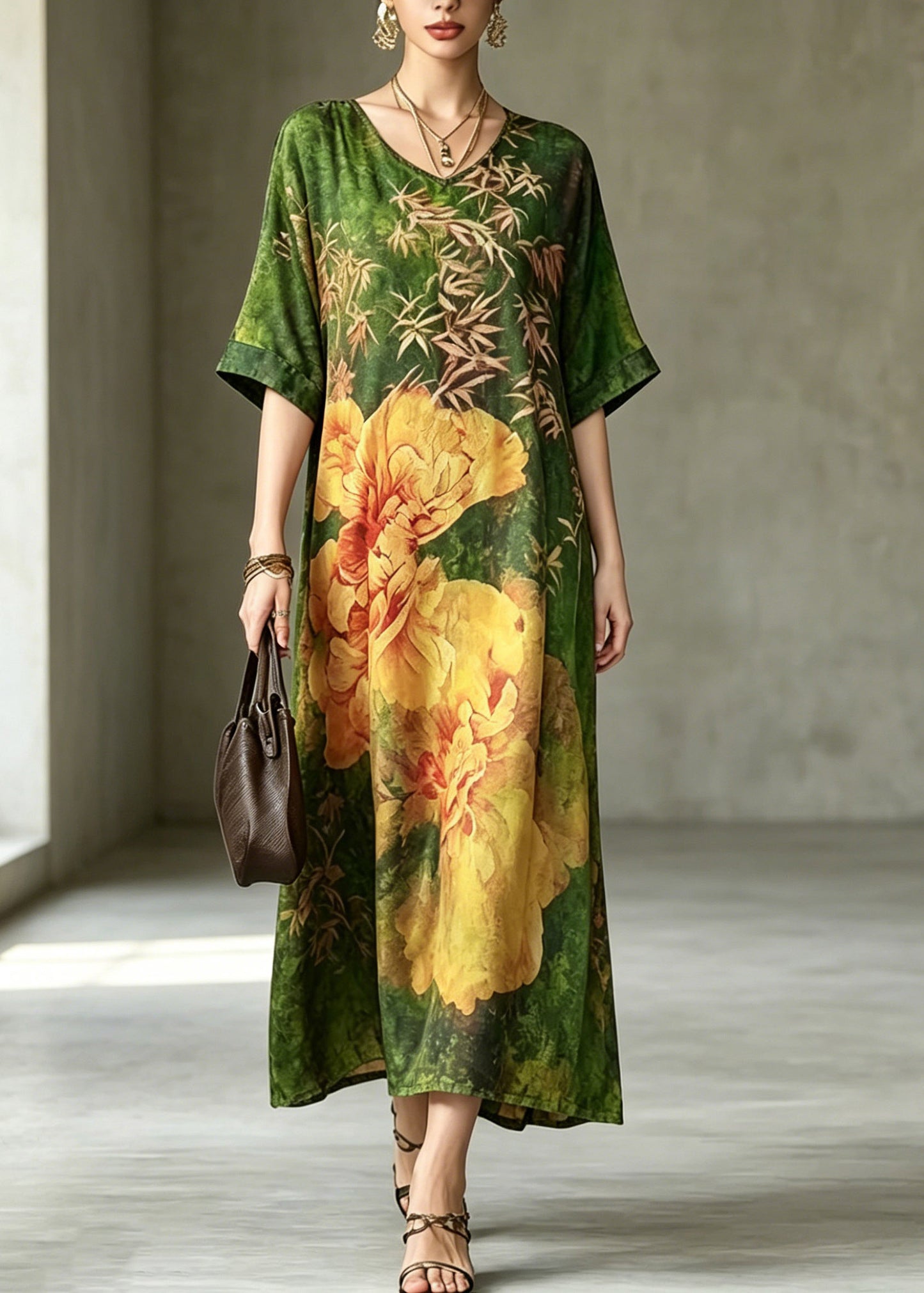 Fine Green Print Silk Maxi Dress Short Sleeve