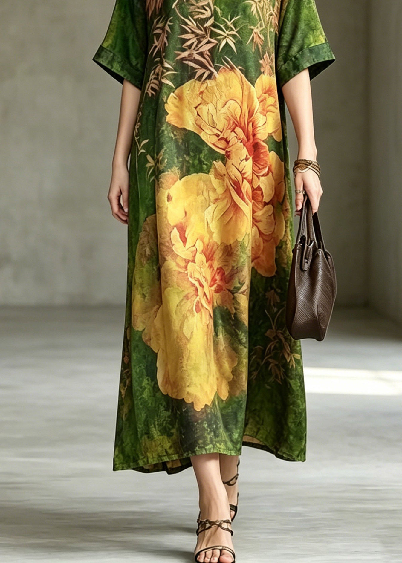 Fine Green Print Silk Maxi Dress Short Sleeve
