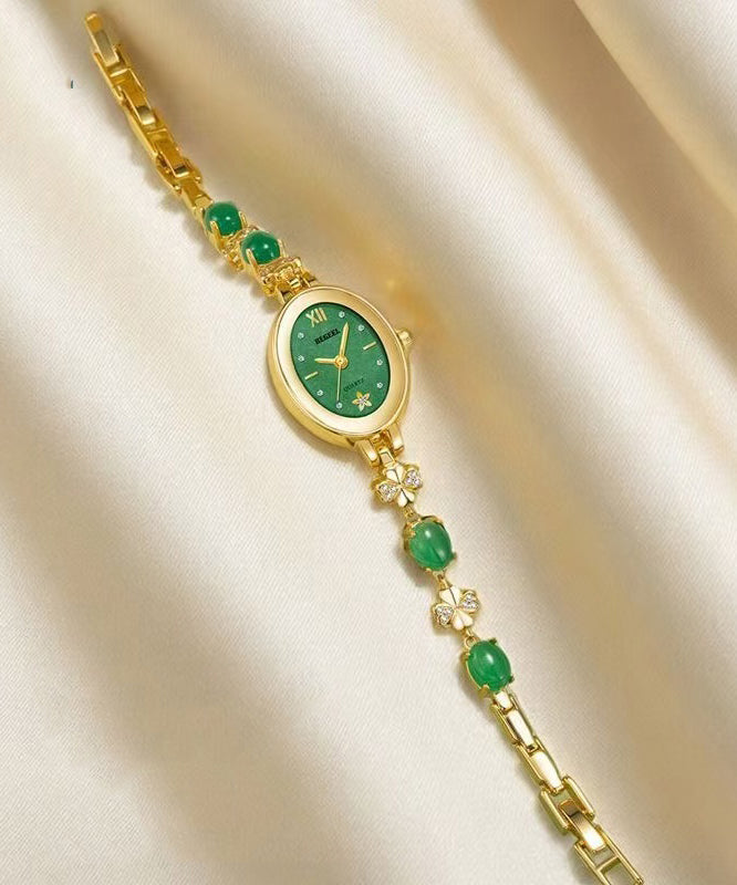 Fine Green Stainless Steel Overgild Zircon Tempered glass Four Leaf Clover Watches