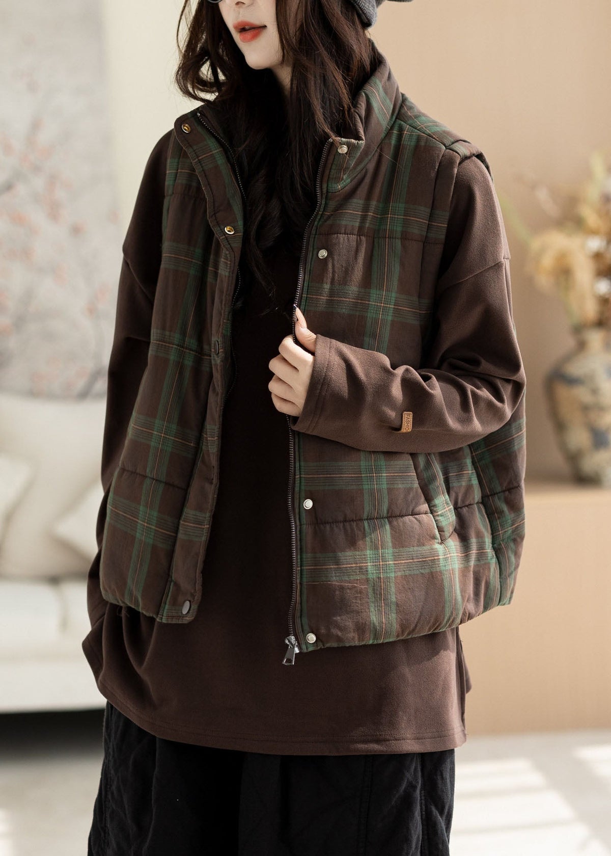 Fine Green Stand Collar Plaid Fine Cotton Filled Vests Winter