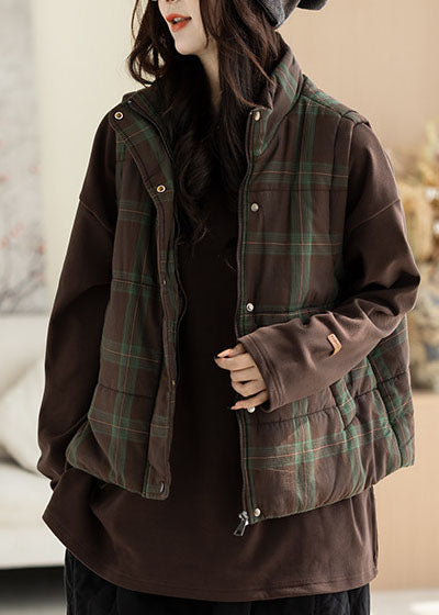 Fine Green Stand Collar Plaid Fine Cotton Filled Vests Winter