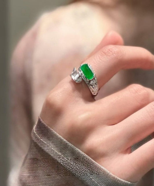 Fine Green Sterling Silver Inlaid Zircon Jade Rings