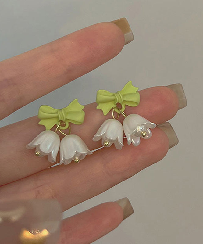 Fine Green Sterling Silver Overgile Bow Lily Of The Valley Drop Earrings
