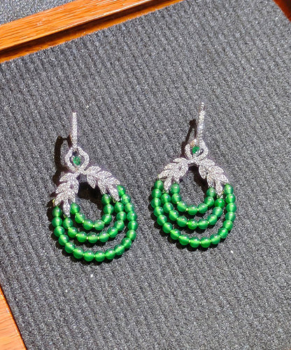 Fine Green Sterling Silver Zircon Leaf Rice Beads Drop Earrings