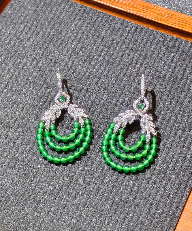 Fine Green Sterling Silver Zircon Leaf Rice Beads Drop Earrings