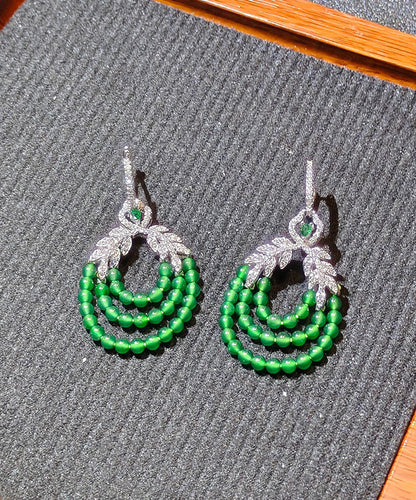 Fine Green Sterling Silver Zircon Leaf Rice Beads Drop Earrings