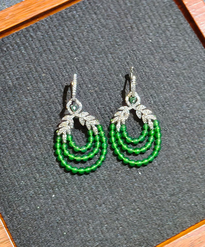 Fine Green Sterling Silver Zircon Leaf Rice Beads Drop Earrings