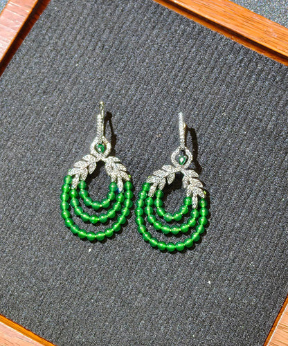Fine Green Sterling Silver Zircon Leaf Rice Beads Drop Earrings