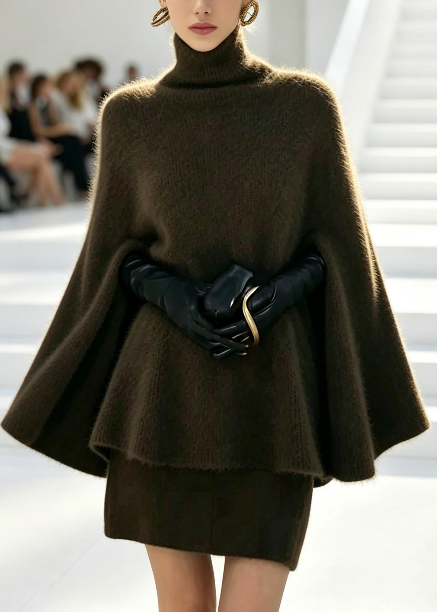 Fine Green Turtleneck Patchwork Solid Cotton Knit Sweaters And Skirts Two Piece Set Long Sleeve