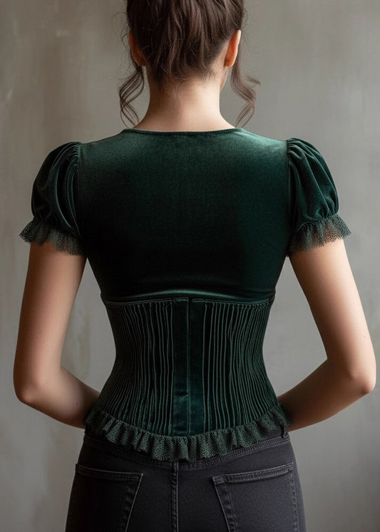 Fine Green V Neck Lace Patchwork Velour Top Summer