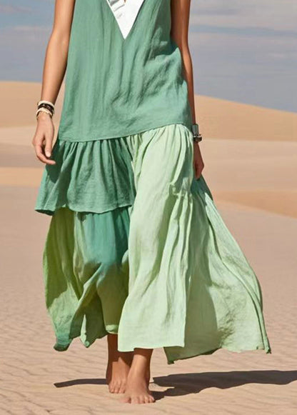 Fine Green V Neck Patchwork Cotton Day Dress Sleeveless