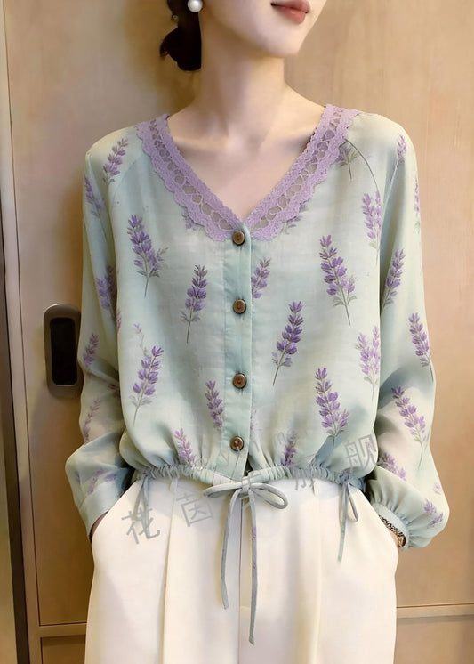 Fine Green V Neck Patchwork Tie Waist Top Long Sleeve