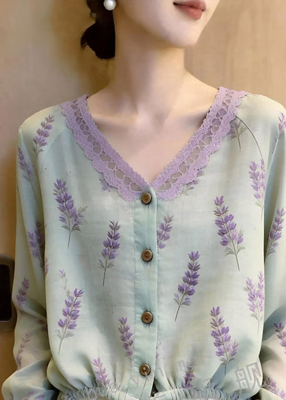 Fine Green V Neck Patchwork Tie Waist Top Long Sleeve