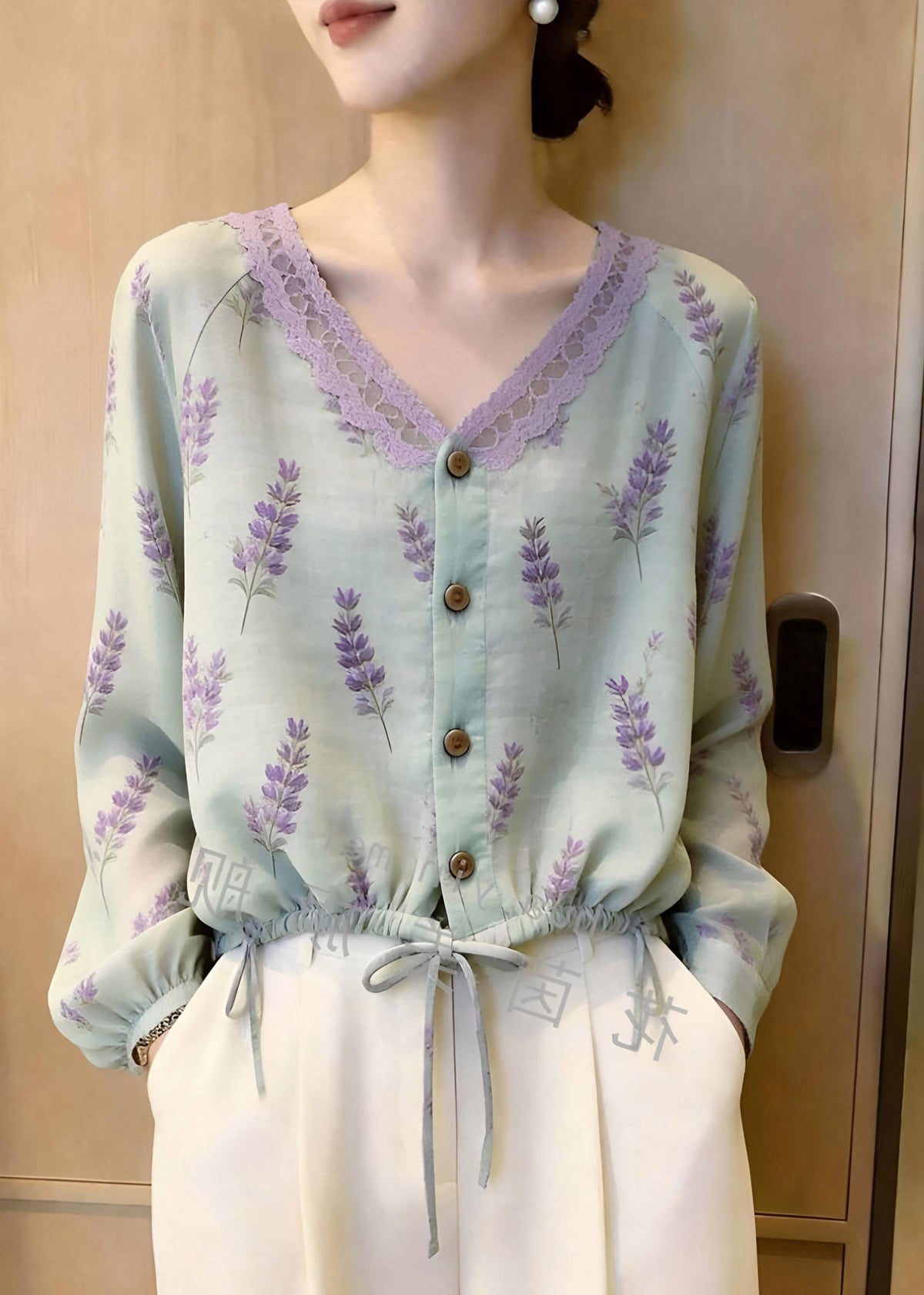 Fine Green V Neck Patchwork Tie Waist Top Long Sleeve