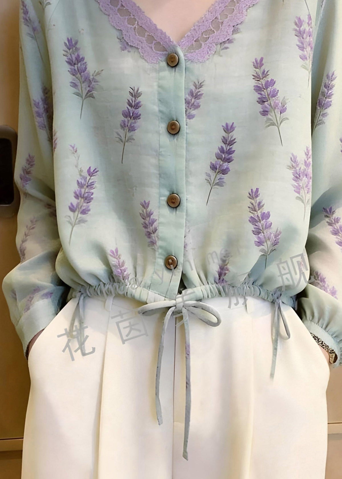 Fine Green V Neck Patchwork Tie Waist Top Long Sleeve