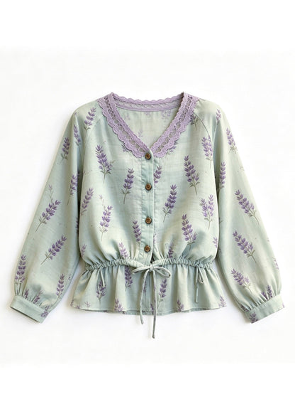 Fine Green V Neck Patchwork Tie Waist Top Long Sleeve