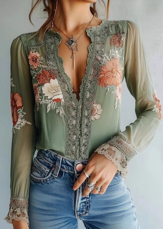 Fine Green V Neck Print Lace Chiffon Shirt Fall