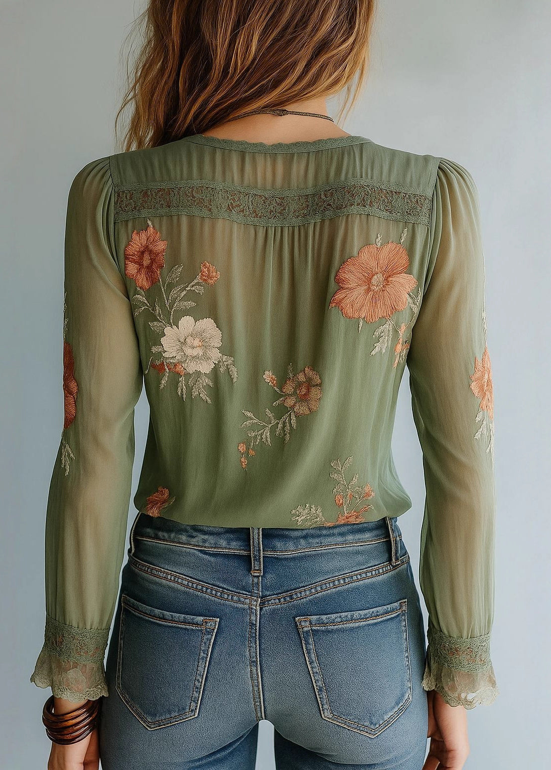 Fine Green V Neck Print Lace Chiffon Shirt Fall