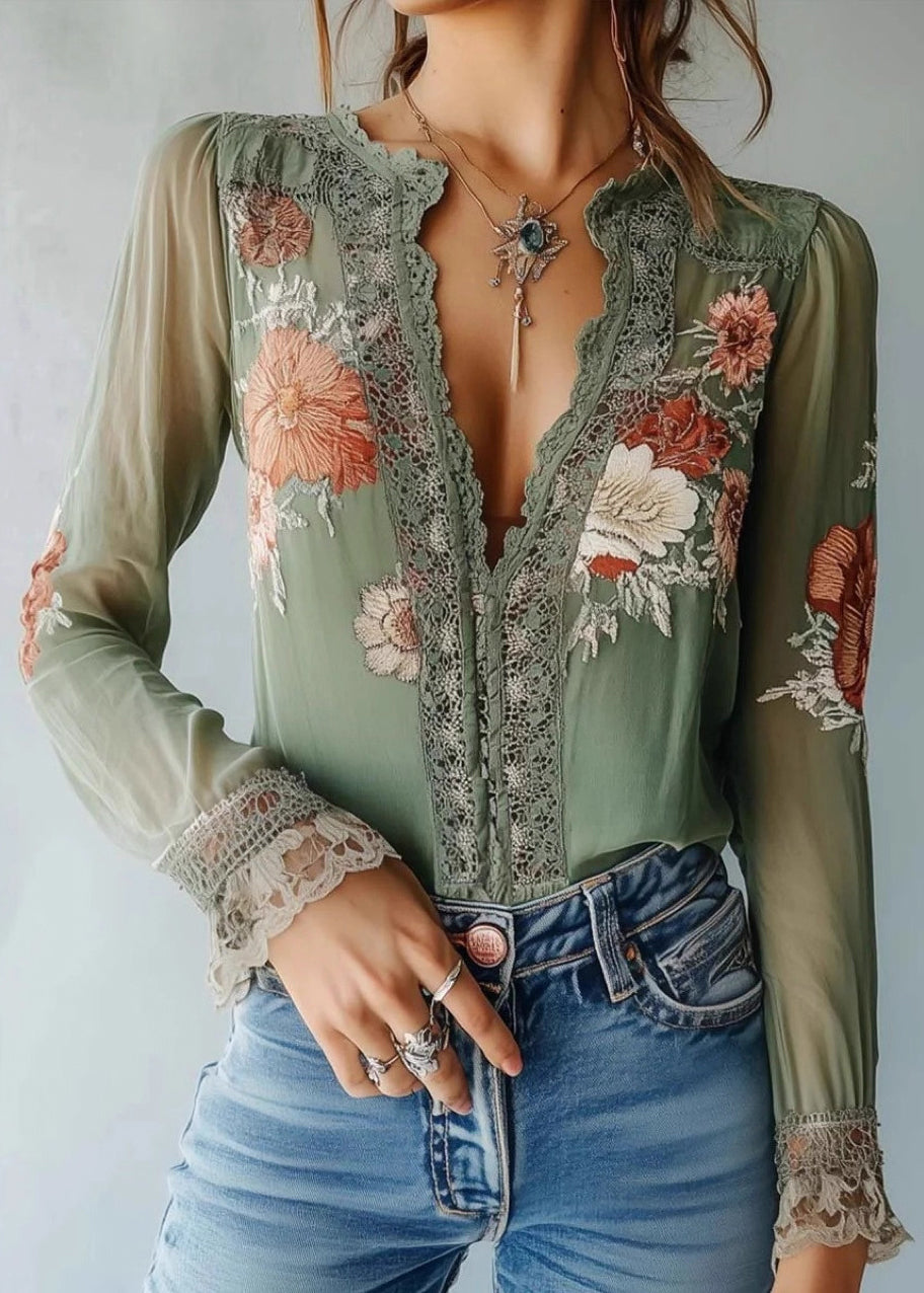 Fine Green V Neck Print Lace Chiffon Shirt Fall