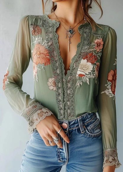 Fine Green V Neck Print Lace Chiffon Shirt Fall