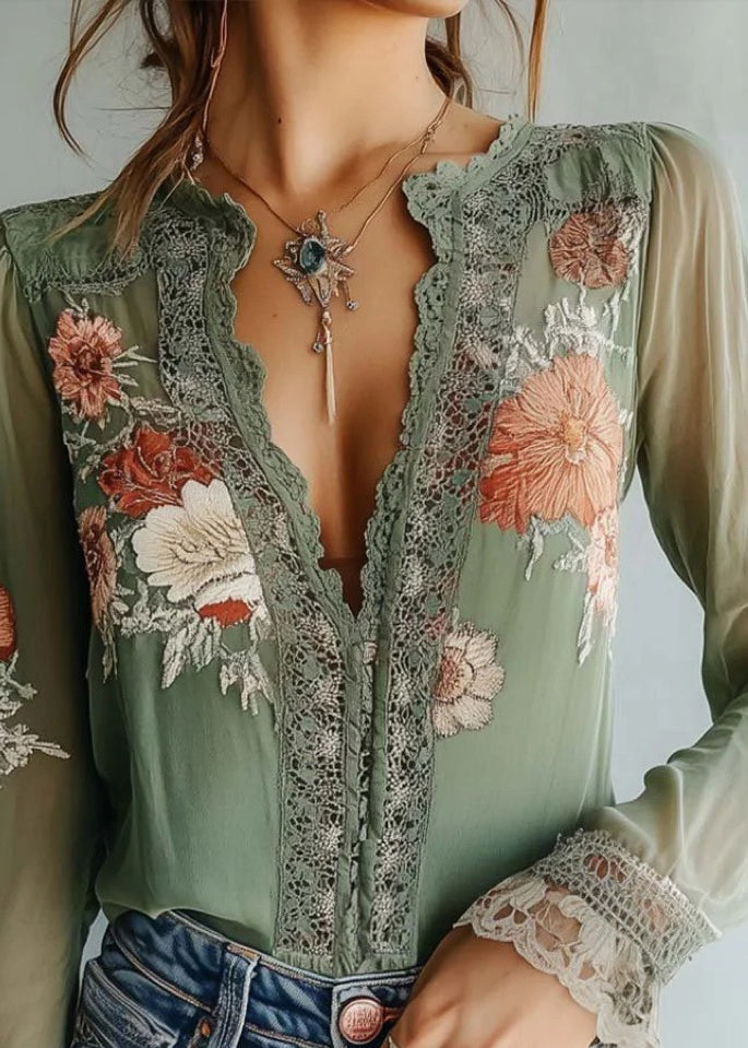 Fine Green V Neck Print Lace Chiffon Shirt Fall