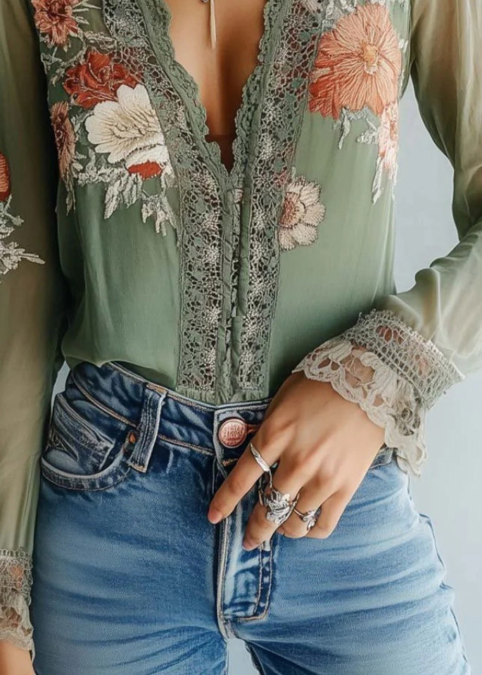 Fine Green V Neck Print Lace Chiffon Shirt Fall