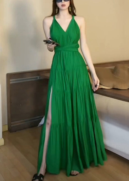 Fine Green V Neck Side Open High Waist Cotton Long Dresses Sleeveless