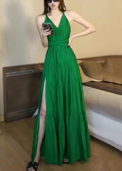 Fine Green V Neck Side Open High Waist Cotton Long Dresses Sleeveless