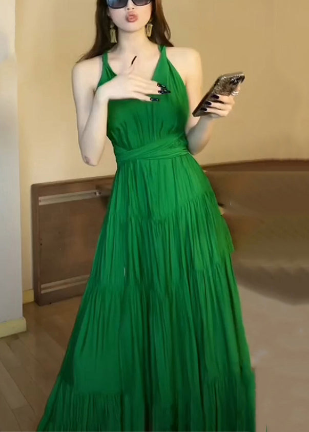 Fine Green V Neck Side Open High Waist Cotton Long Dresses Sleeveless