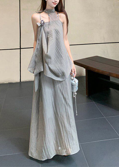 Fine Grey Asymmetrical Design Flower Chiffon Halter Dress Two Piece Set Summer