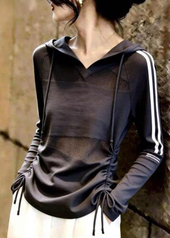 Fine Grey Drawstring Striped Patchwork Hooded Top Fall