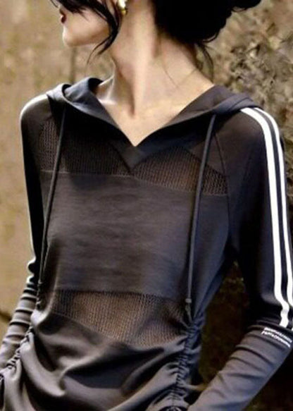 Fine Grey Drawstring Striped Patchwork Hooded Top Fall